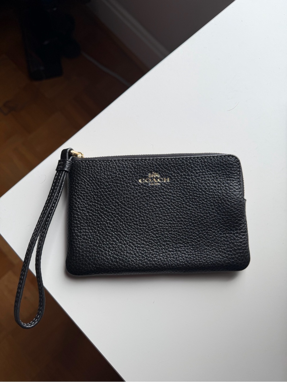 Coach Black Pebbled Leather Zip Wristlet with Gold Logo